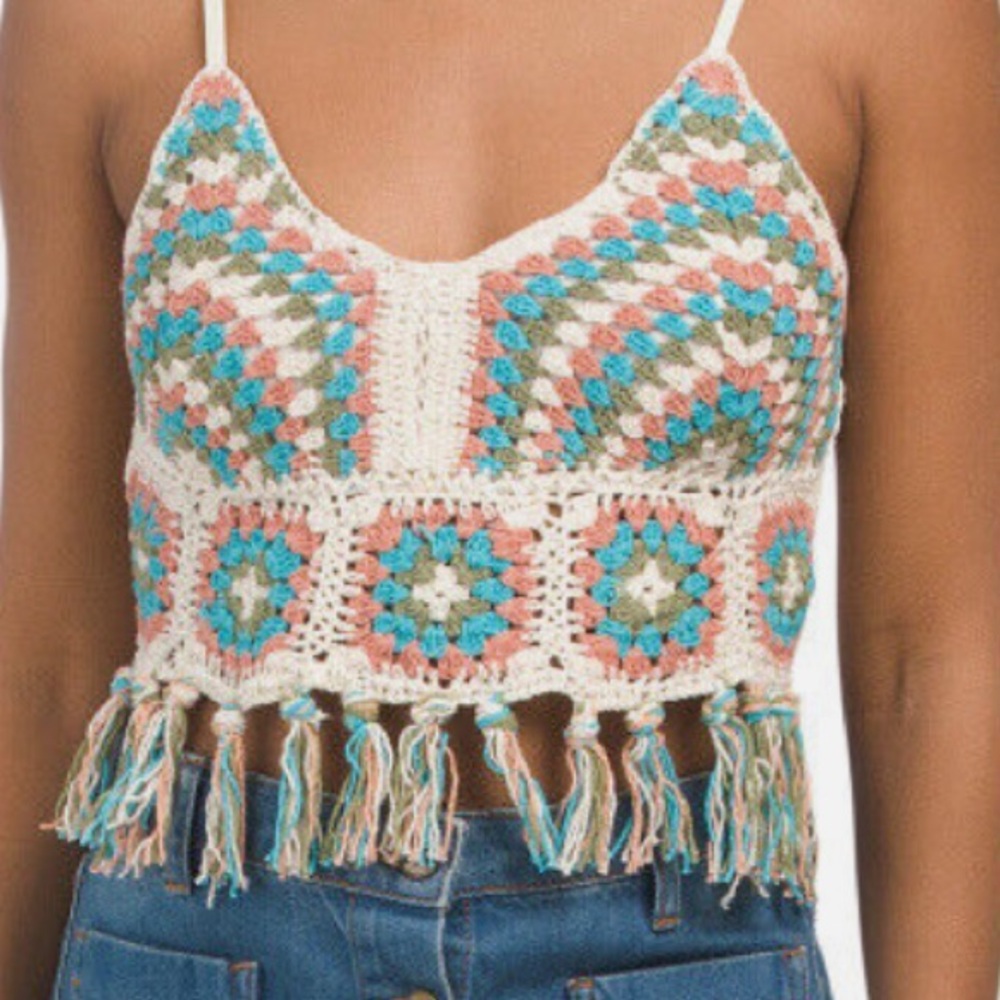 Boho Hippie 70's Cottagecore GYPSIES Fringe Country Music Crochet Bralette Top M